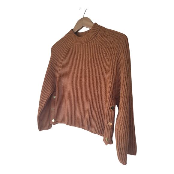 Topshop Side Button Sweater Crew Neck Brown Rib Knit Pullover Women's US 4-6 - Picture 2 of 8